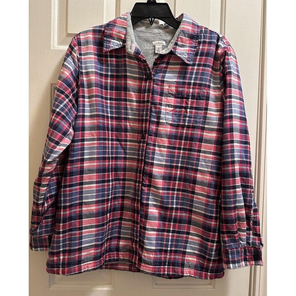 LL Bean Fleece Lined Shacket Shirt Jacket Women's‎ Size Medium Pink Plaid
